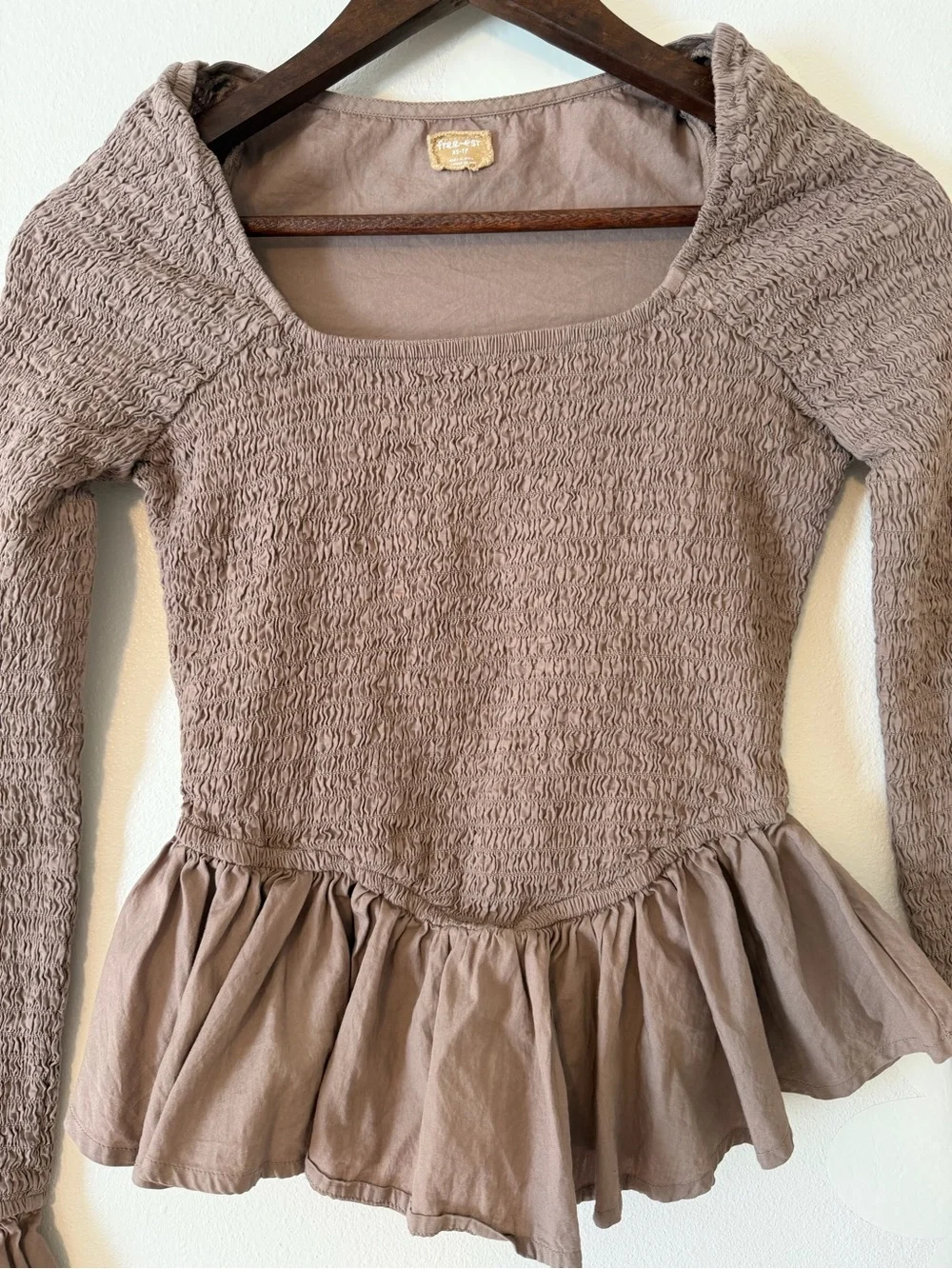 Free People Taupe Tropical Vibes Long Sleeve Smocked Top | Free-est